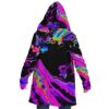 Back view of hooded rave cloak with neon oil slick swirl print on black