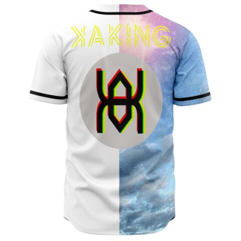 Back view of split sky baseball jersey with XAKING text and glitch spider emblem