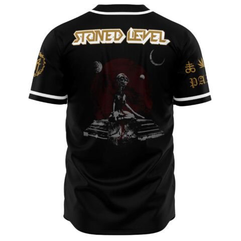 Back view of black baseball jersey showing meditating alien graphic under crescent moon and Stoned