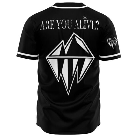 Back view of black jersey reading Are You Alive with mountain diamond emblem