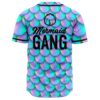 Iridescent mermaid scale rave baseball jersey back view with Mermaid Gang text and shell logo