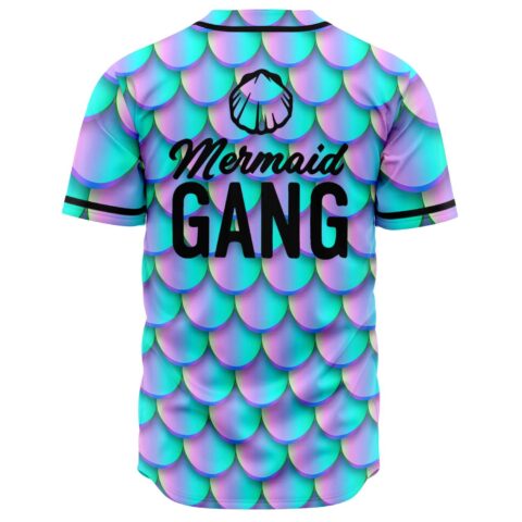 Iridescent mermaid scale rave baseball jersey back view with Mermaid Gang text and shell logo