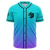 Teal to purple ombre baseball jersey with black lion head emblem front view