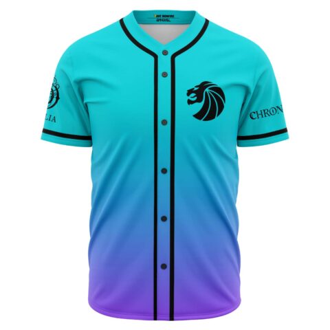 Teal to purple ombre baseball jersey with black lion head emblem front view