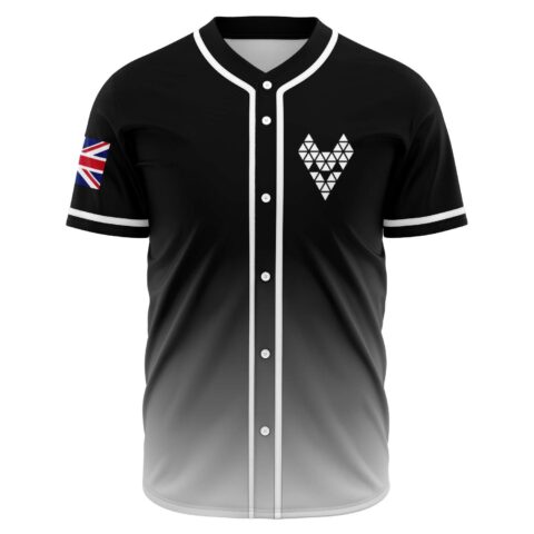 Geometric triangle wolf head design on black white gradient jersey front, Union Jack patch