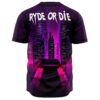 Ryde Or Die neon cityscape print baseball jersey back view with starry purple sky