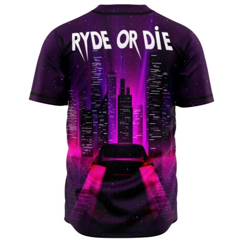 Ryde Or Die neon cityscape print baseball jersey back view with starry purple sky