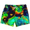 Navy abstract fluid rave swim trunks with neon green and orange marbled pattern front view