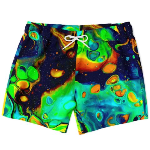 Navy abstract fluid rave swim trunks with neon green and orange marbled pattern front view