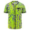 Neon green paint splatter rave baseball jersey with purple drips and bird logo, front view