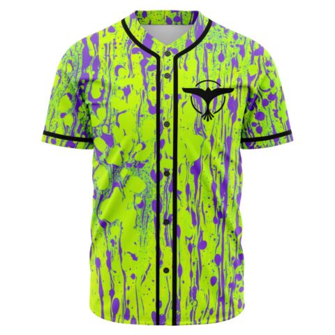 Neon green paint splatter rave baseball jersey with purple drips and bird logo, front view