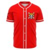Red baseball jersey with straw hat skull and crossbones patch on chest front view