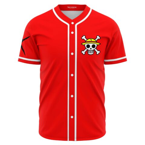 Red baseball jersey with straw hat skull and crossbones patch on chest front view
