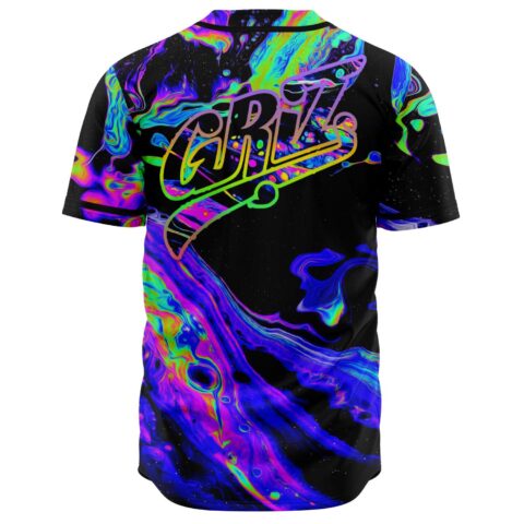 Back view of psychedelic marbled rave jersey showing large GRiZ text across shoulders