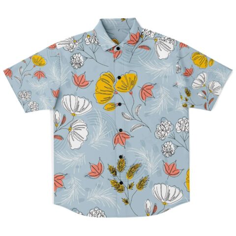 Light blue abstract floral rave button-down shirt, short sleeve