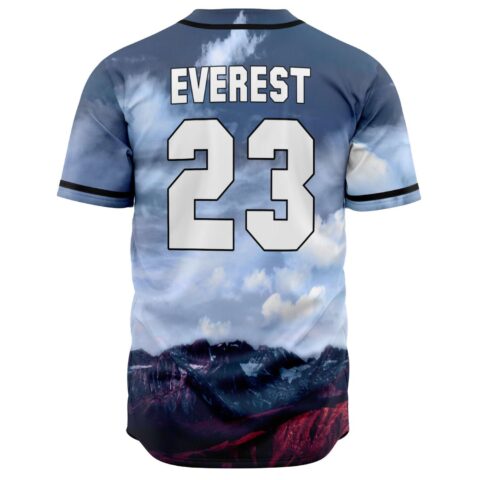 Back view of mountain rave baseball jersey with EVEREST 23 text print