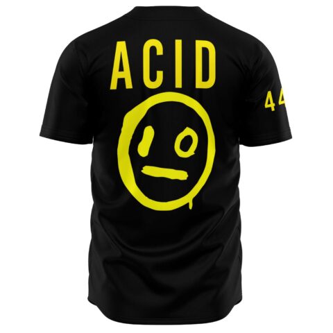 Black jersey featuring yellow “ACID” text and dripping smiley face, back view on white