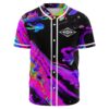 Front view of black baseball jersey with neon liquid swirl print and diamond eye logo