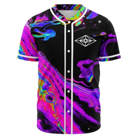Front view of black baseball jersey with neon liquid swirl print and diamond eye logo