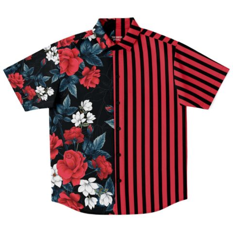 Red rose and stripe rave button-down shirt, front view with the floral and striped halves