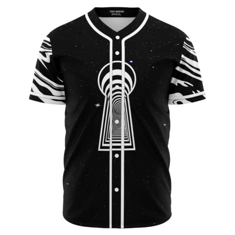 Black and white rave baseball jersey with hypnotic keyhole tunnel design on starfield front view