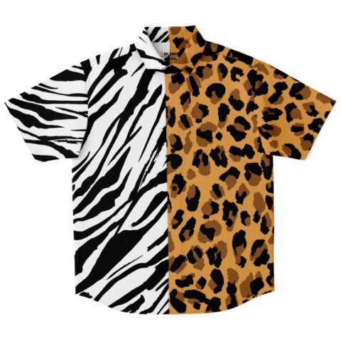 Short sleeve rave button-down shirt with zebra and leopard print
