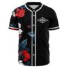 Black floral rave baseball jersey, red rose sleeve print, eye emblem, front view
