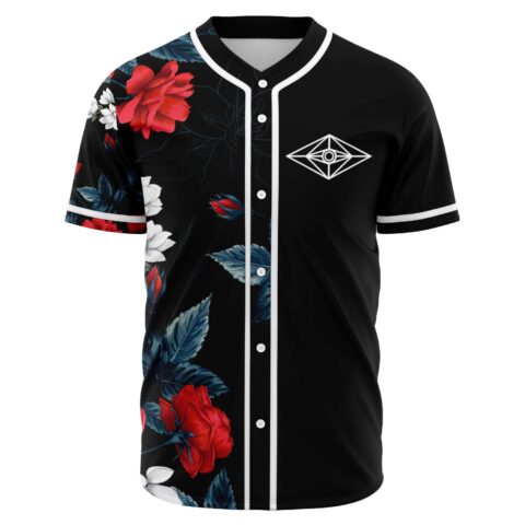 Black floral rave baseball jersey, red rose sleeve print, eye emblem, front view