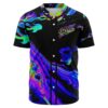 Black baseball jersey with neon oil slick swirl print and GRiZ script logo, front view