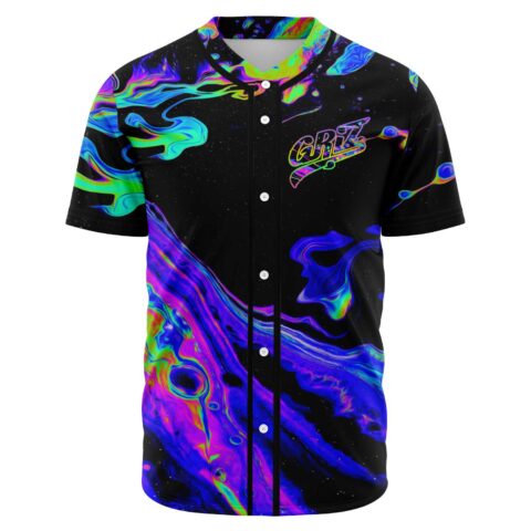 Black baseball jersey with neon oil slick swirl print and GRiZ script logo, front view
