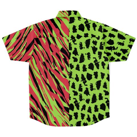 Back view of the vibrant safari pattern rave button-down shirt with bold design