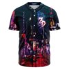 Front view of black rainy neon rave baseball jersey with cyberpunk skyline print