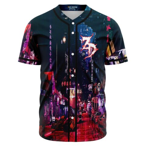 Front view of black rainy neon rave baseball jersey with cyberpunk skyline print