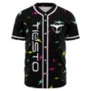 Black rave baseball jersey with scattered neon lightning bolt print and bird logo front view