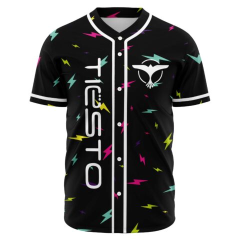 Black rave baseball jersey with scattered neon lightning bolt print and bird logo front view