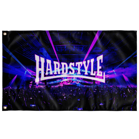 Hardstyle flag with laser light crowd print and grommet corners flat view