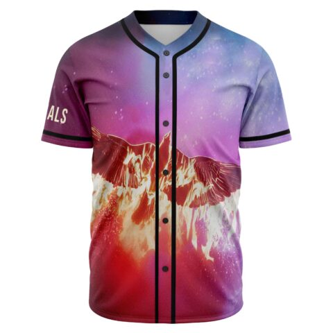 Fiery phoenix wings rave baseball jersey front view with purple and blue galaxy fade