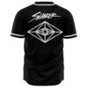 Back view of black rave jersey with Slander script and geometric diamond eye emblem