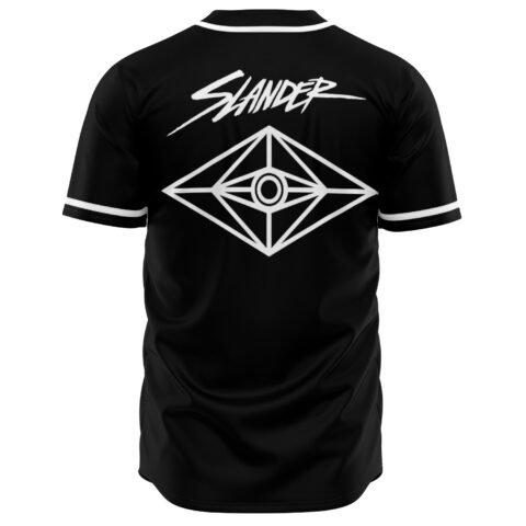 Back view of black rave jersey with Slander script and geometric diamond eye emblem