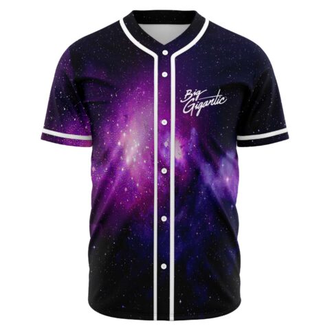 Purple galaxy nebula rave baseball jersey front view with Big Gigantic script logo