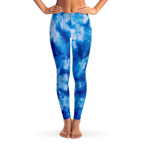 Blue and white tie-dye marbled swirl rave leggings, front view