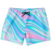 Pastel holographic swirl rave swim trunks with black drawstring, flat lay front view