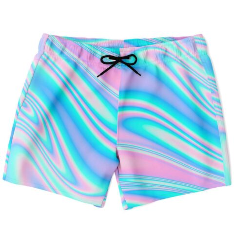 Pastel holographic swirl rave swim trunks with black drawstring, flat lay front view