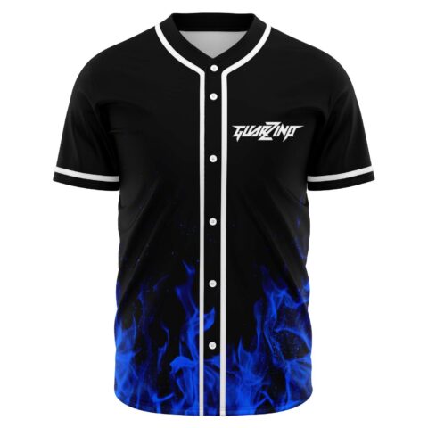 Blue fire rave baseball jersey with Guarzino logo on black, front view