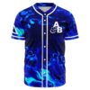 Blue glowing liquid print rave baseball jersey with A&B logo, front view