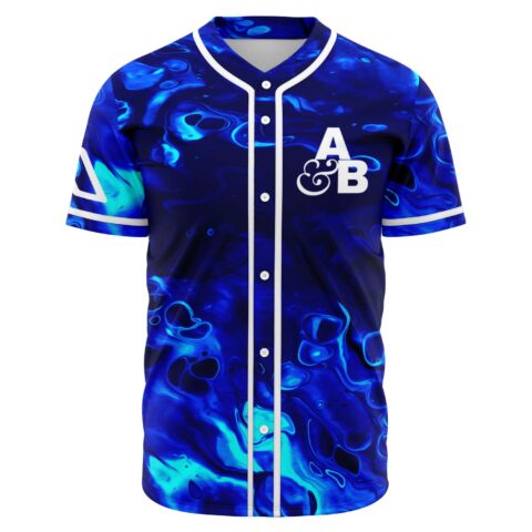 Blue glowing liquid print rave baseball jersey with A&B logo, front view