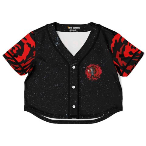 Black crop top jersey with red floral and starry night design