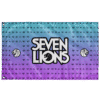 Teal to purple ombre rave flag with lion-head icons and bold wordmark text