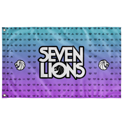 Teal to purple ombre rave flag with lion-head icons and bold wordmark text