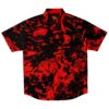 Front view of the red and black marbled rave button-down shirt, short sleeve
